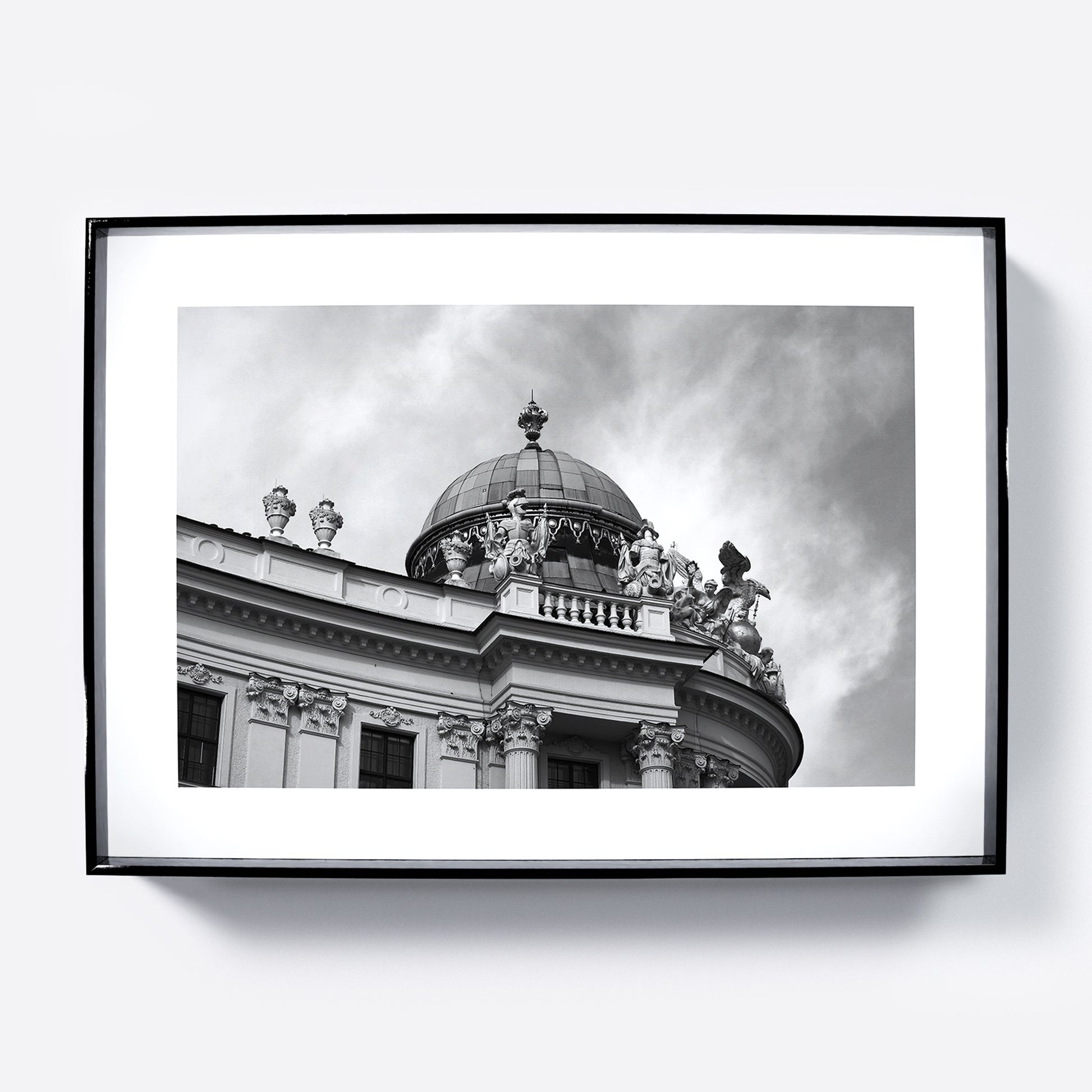 Classic Vienna architectural corner, black and white photography art print.