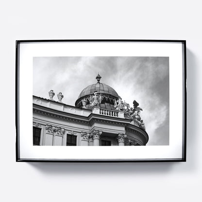 Classic Vienna architectural corner, black and white photography art print.