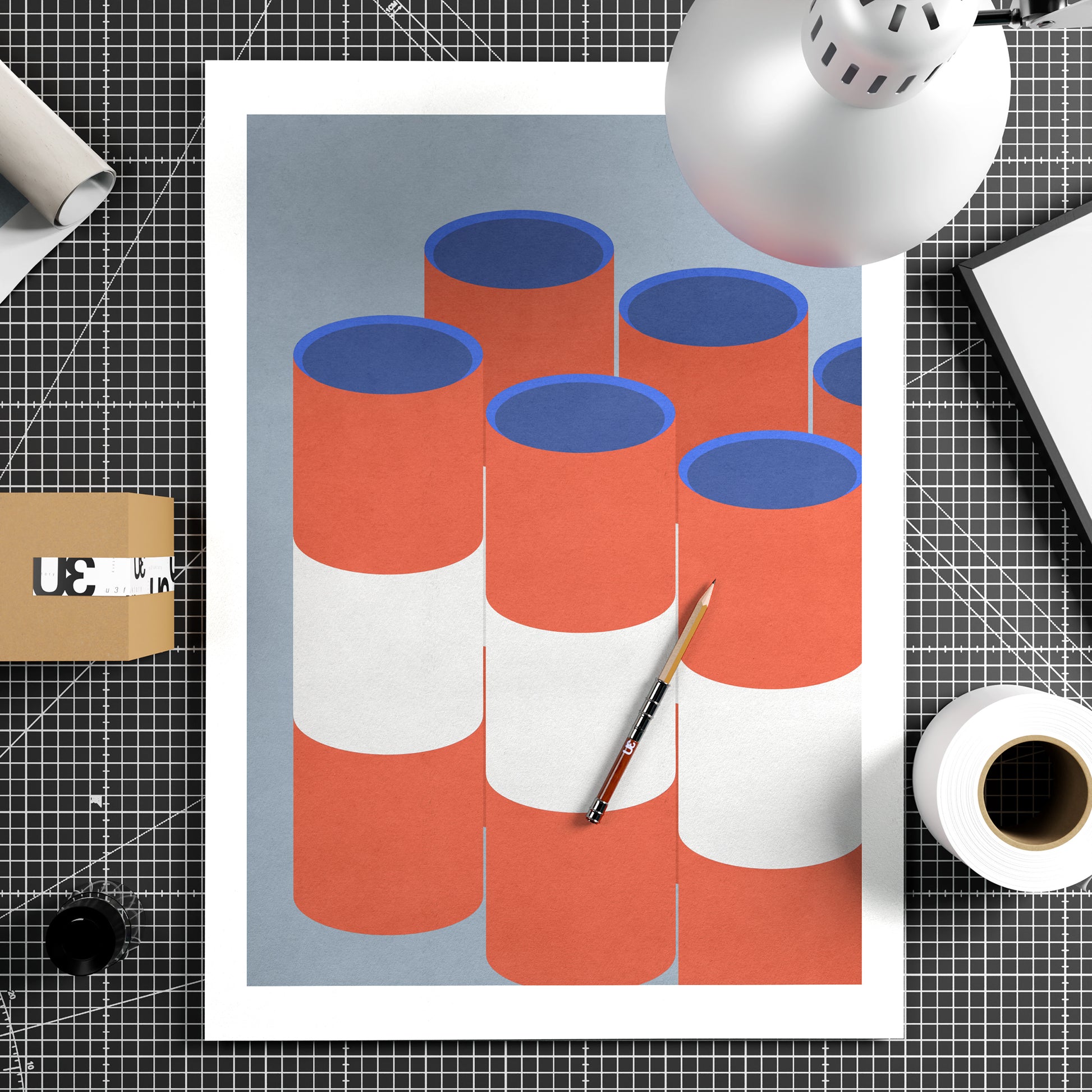 Red and blue graphic art print on paper.