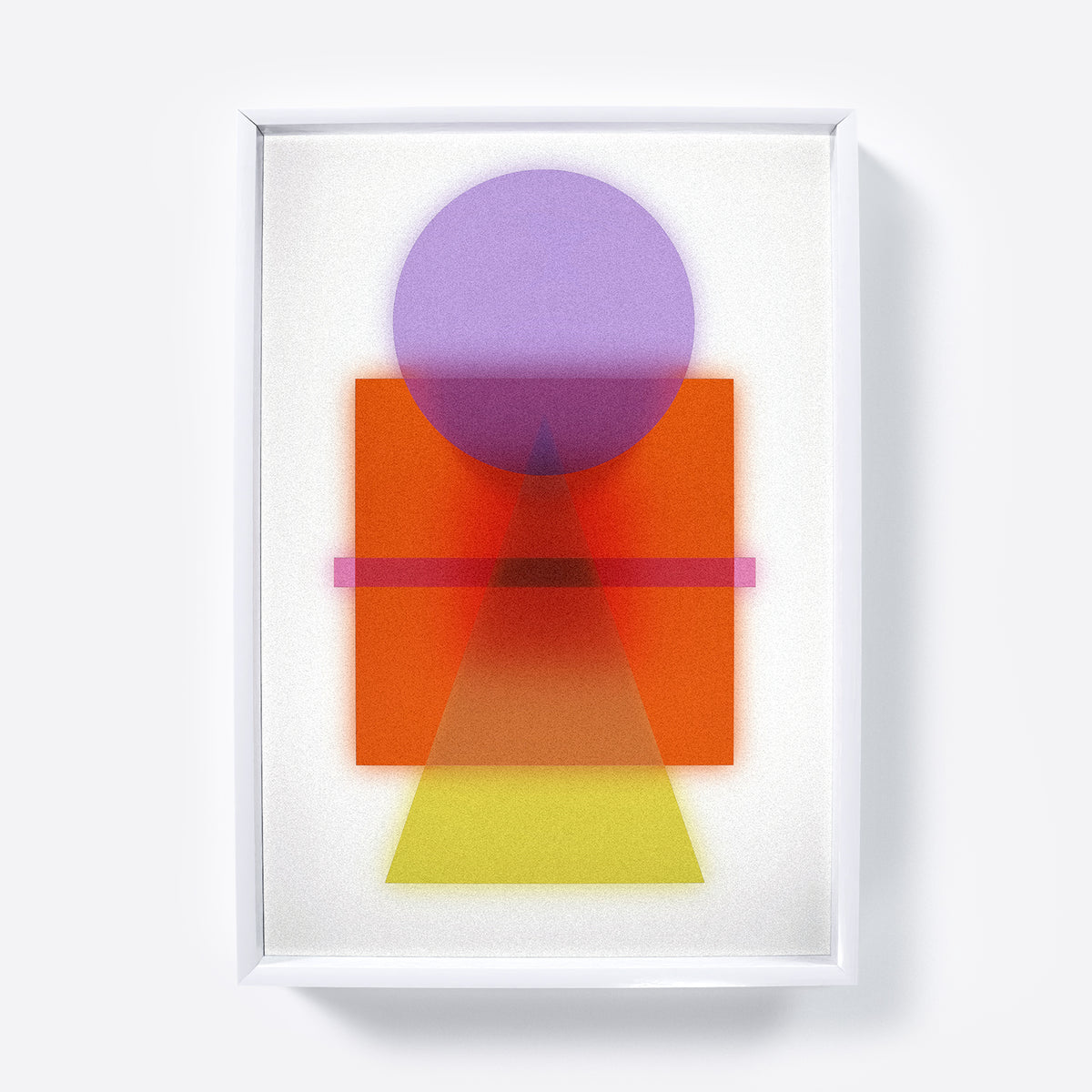 Colorful abstract art print with geometric shapes on a light gray background