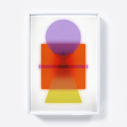 Colorful abstract art print with geometric shapes on a light gray background