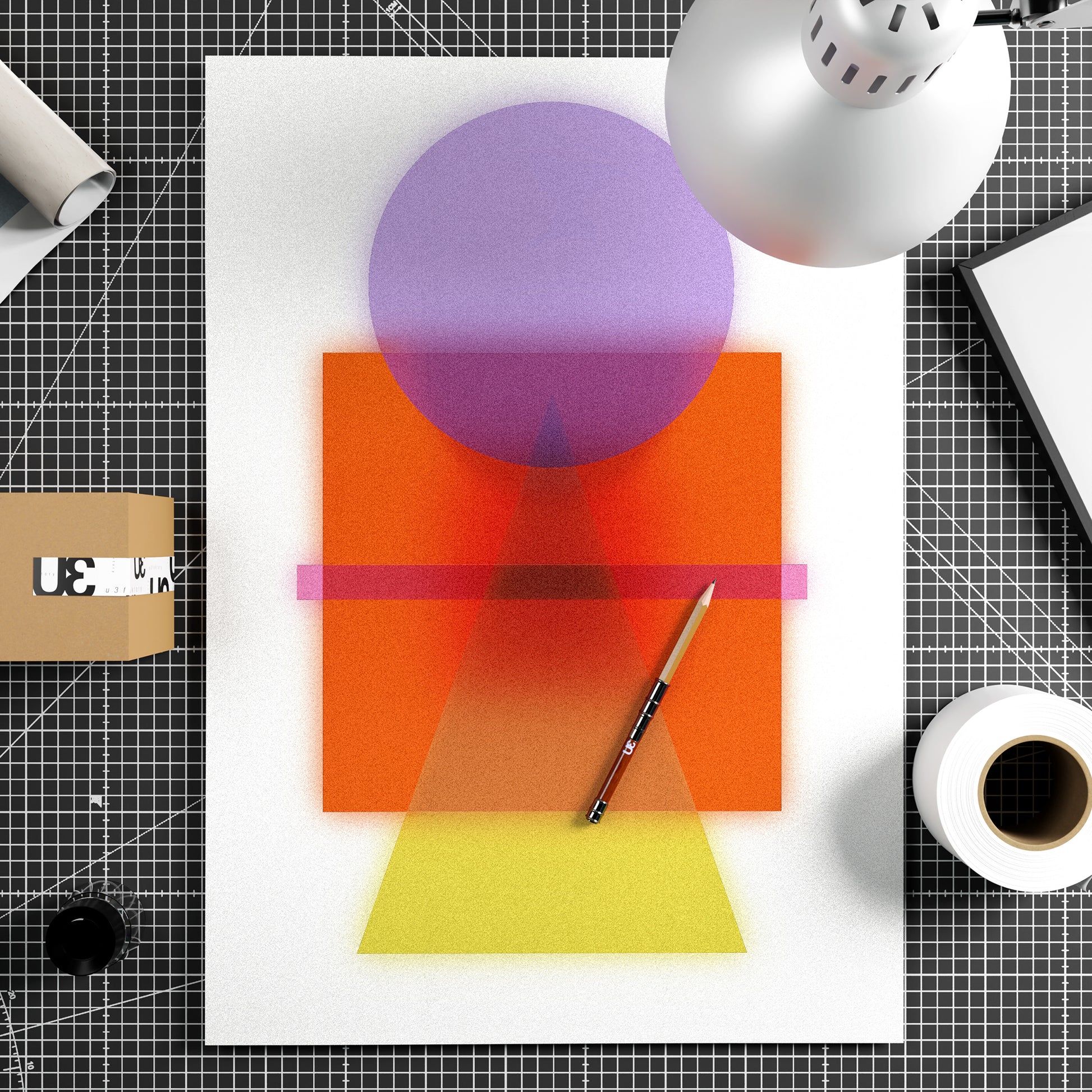 Colorful abstract art piece with geometric shapes on a white background.