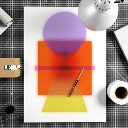 Colorful abstract art piece with geometric shapes on a white background.