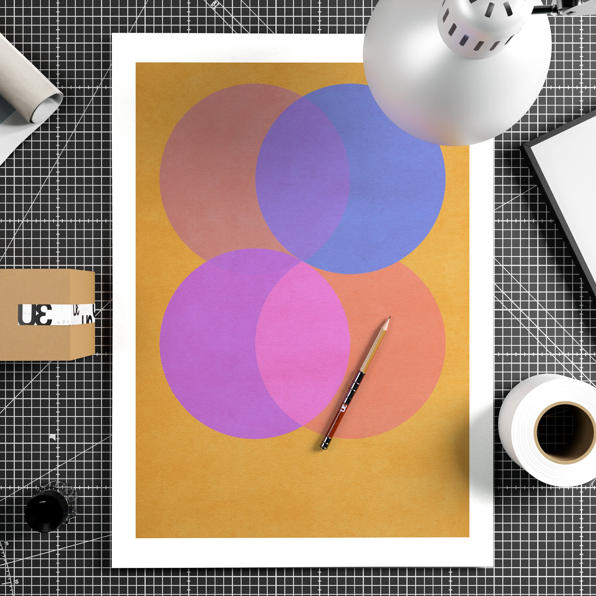 Colorful geometric graphic art print on paper.