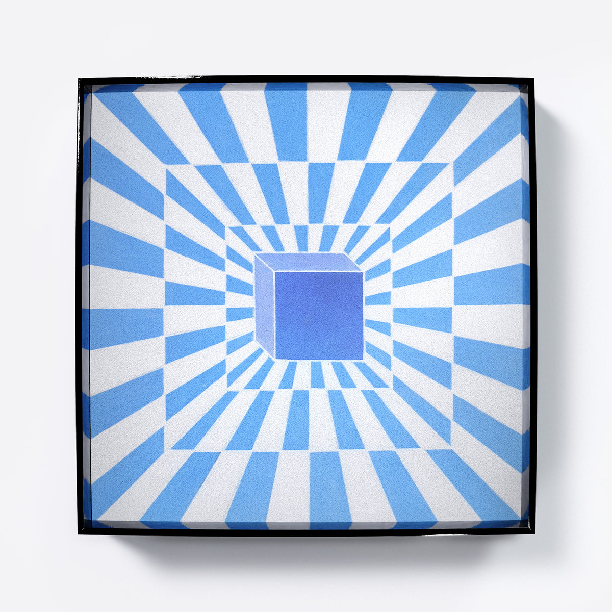 Op art piece with blue and white striped pattern and central square.