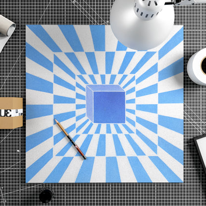 Blue and white optical illusion design art print with a central cube.