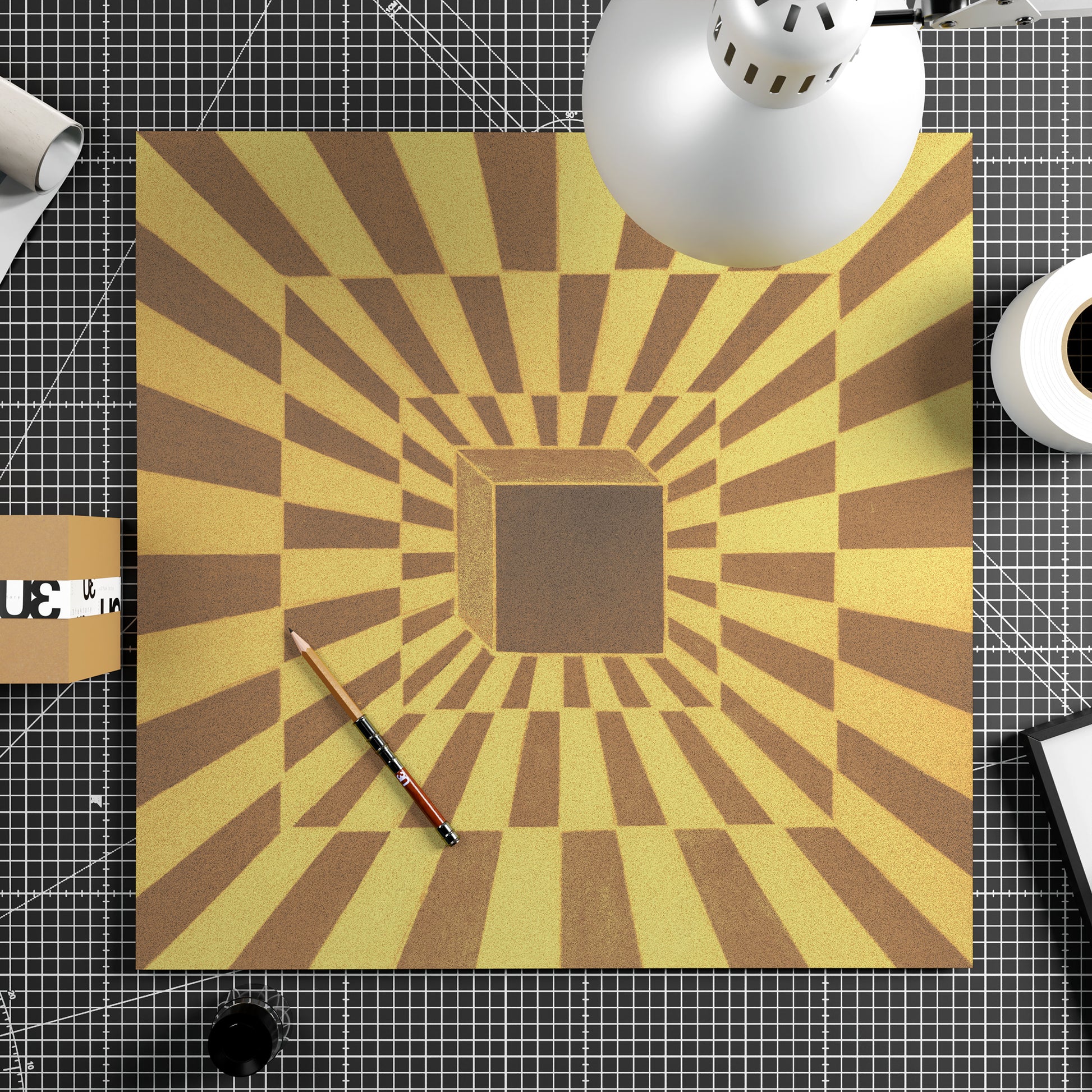Square Optical art paper print with a brown and yellow geometric pattern.