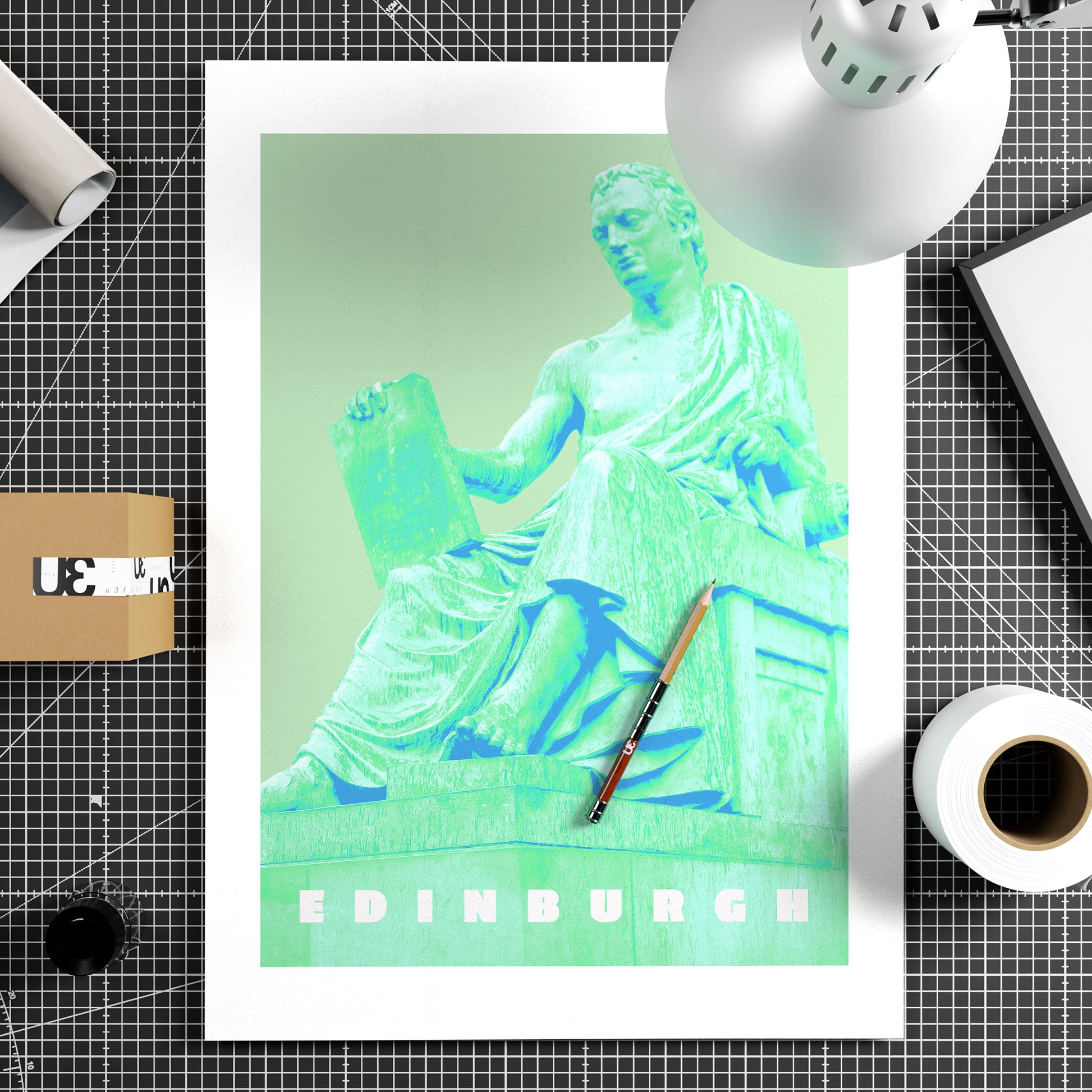 Travel poster Edinburgh landmark green art print on paper.