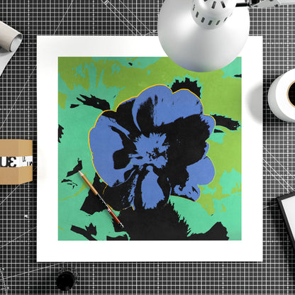 Pop art high quality print with blue flower on a green background.