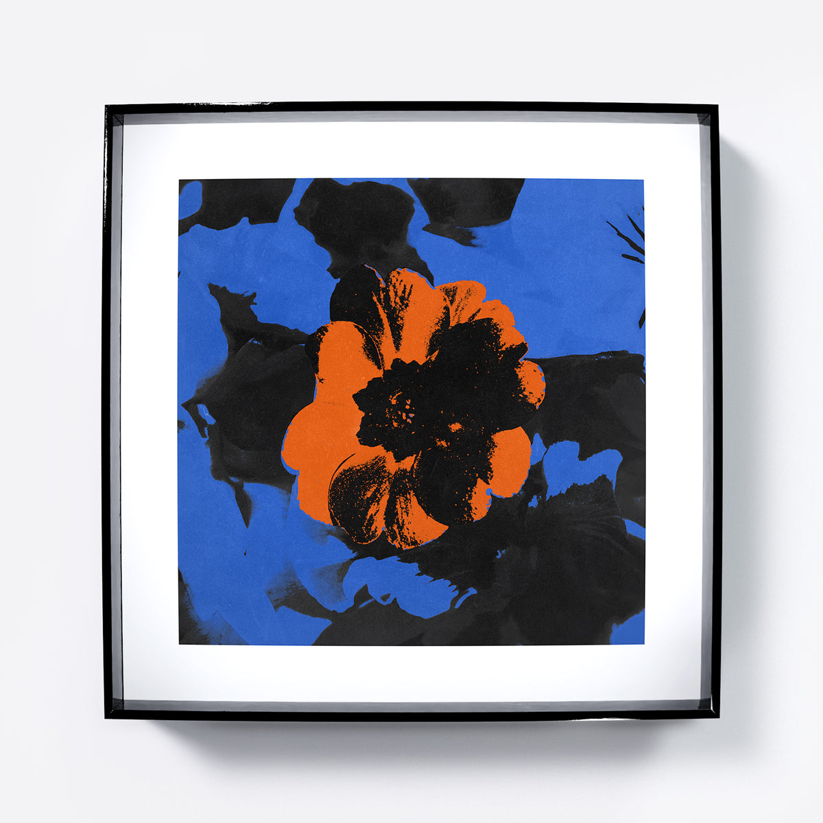 Vivid pop art print with red central flower on a blue background.