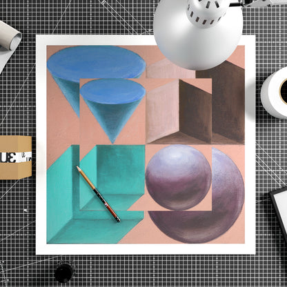 Colorful artistic geometric art print on paper.