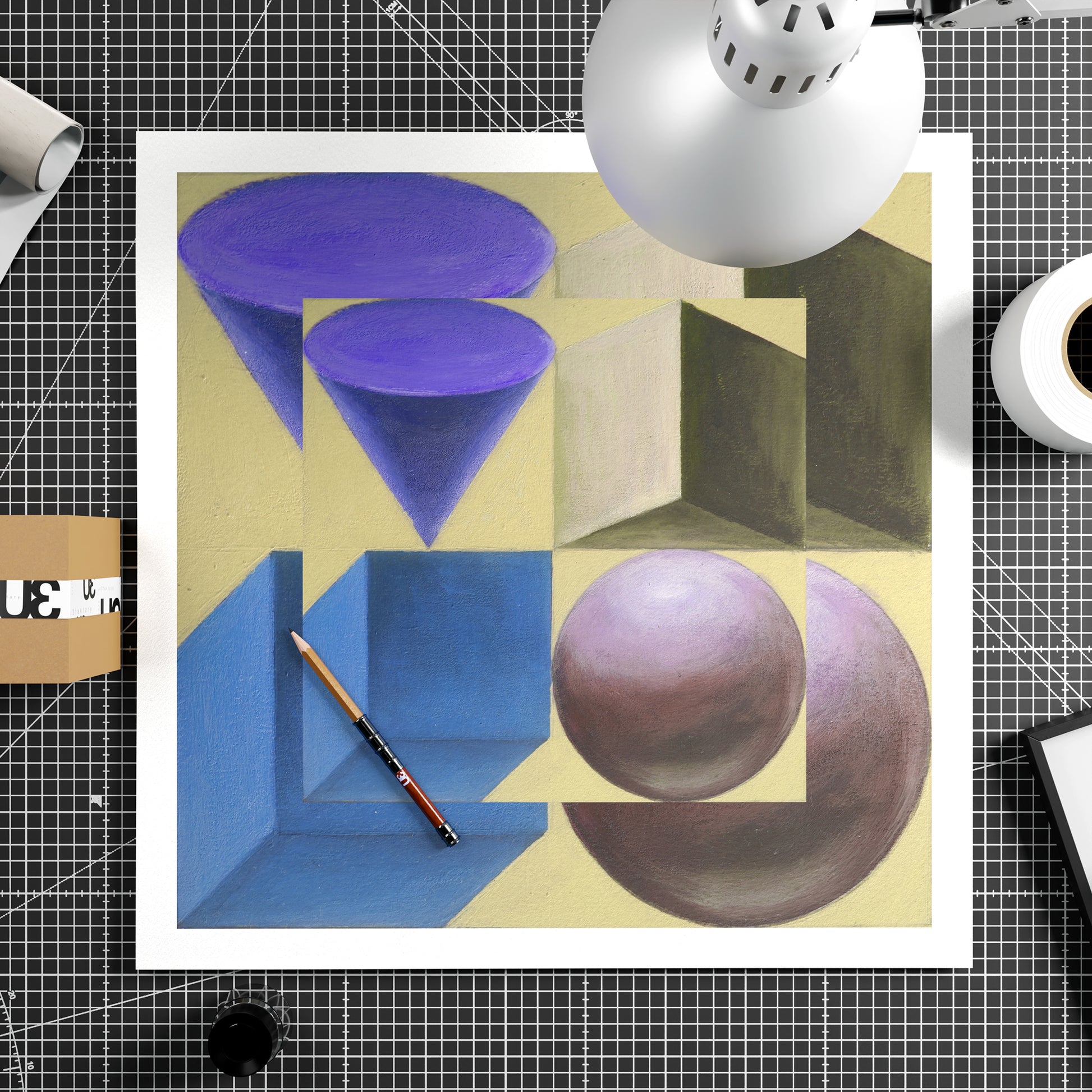 Pastel colors artistic geometric art print on paper.