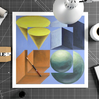 Colorful and playful geometric art print on paper.