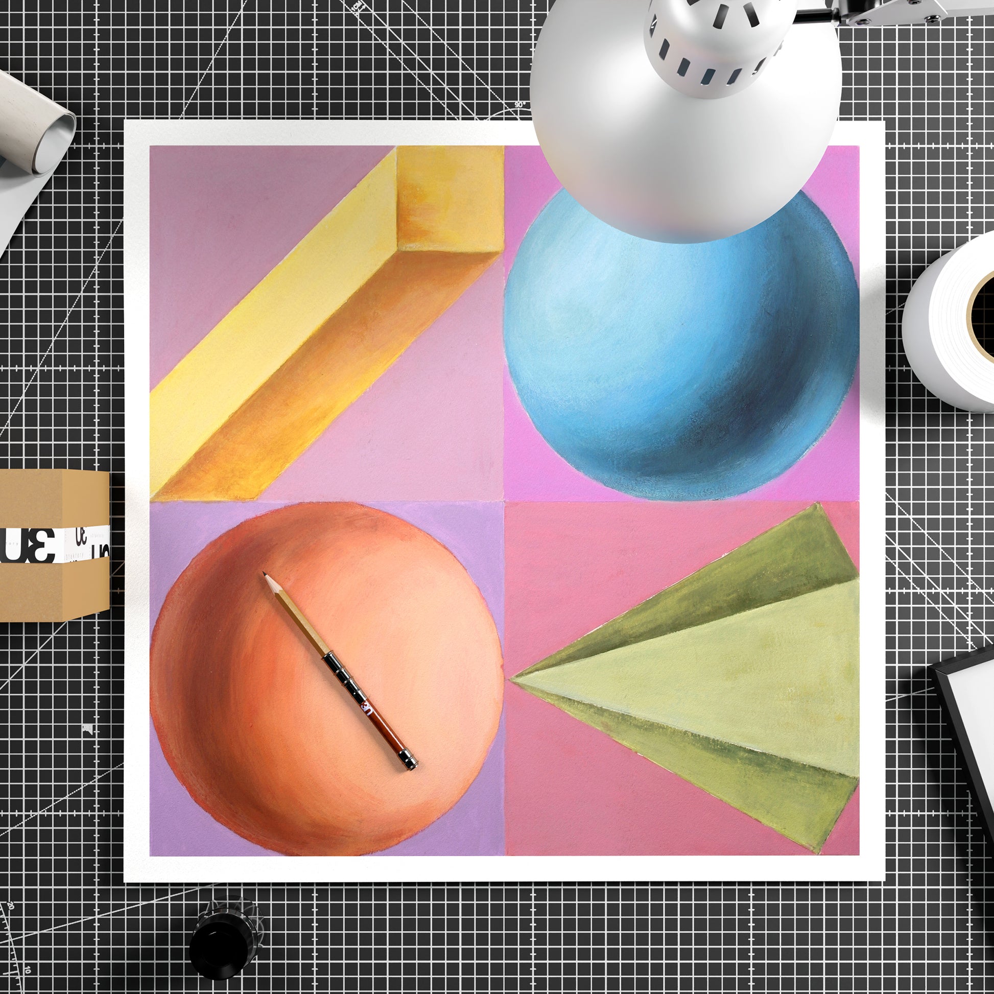 Intense colors playful and colorful geometric art print, on paper.