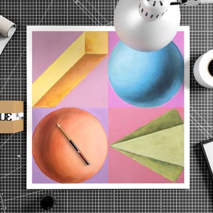Intense colors playful and colorful geometric art print, on paper.