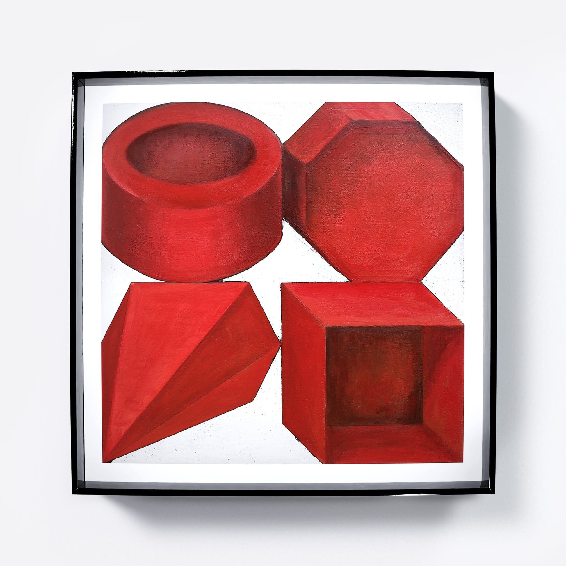 Red geometric shapes on a white background art print.