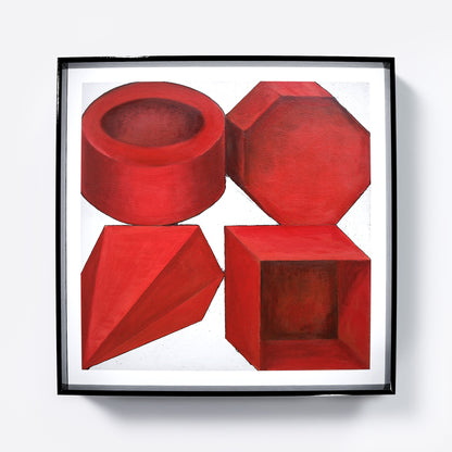 Red geometric shapes on a white background art print.