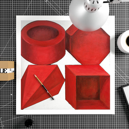 Red geometric shapes on a white background art print on paper.