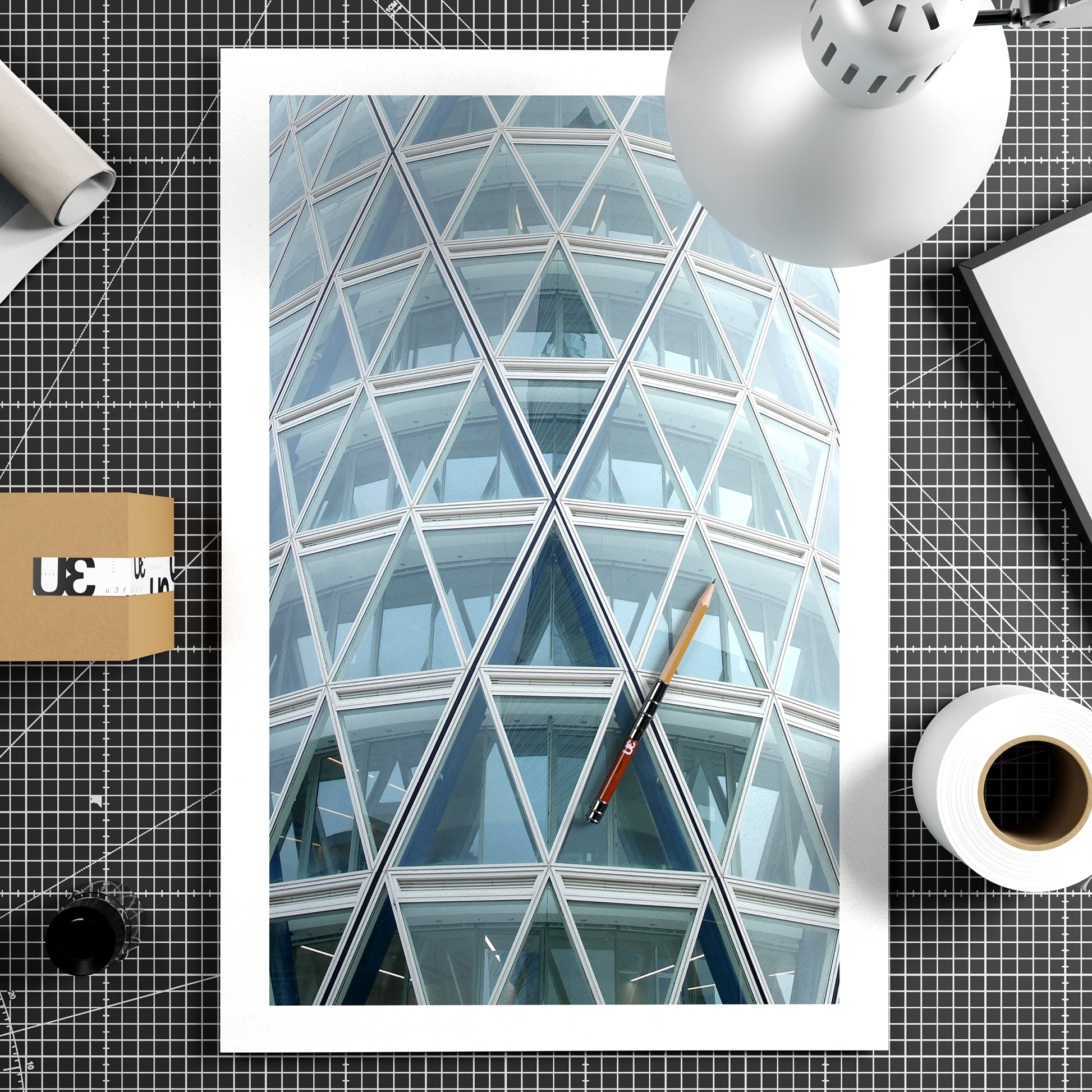 Abstract, geometric, modern architectural corner of Milan, pale blue photography art print on paper.