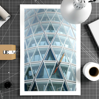 Abstract, geometric, modern architectural corner of Milan, pale blue photography art print on paper.