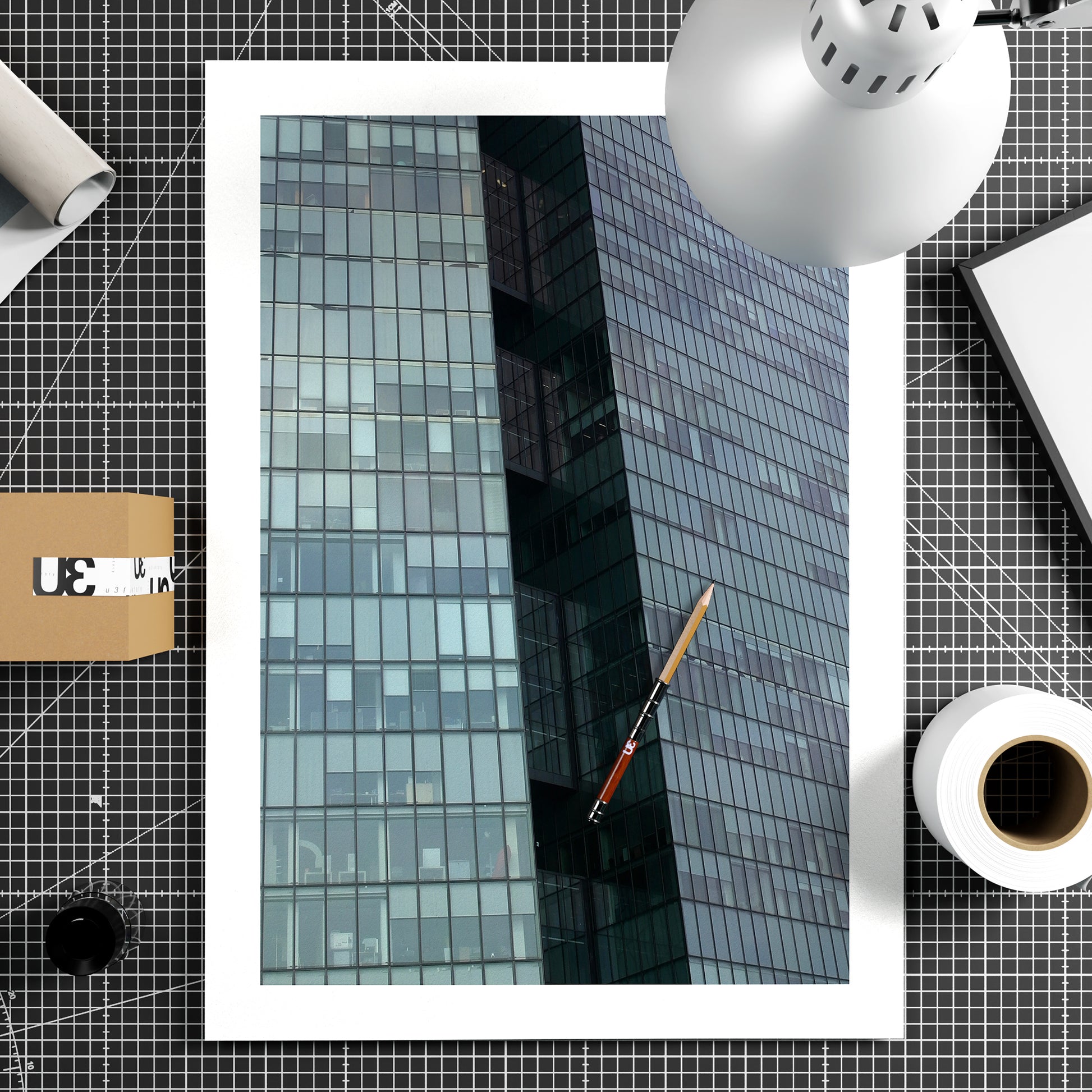 Modern Vienna glass building, urban photography, monochrome art print on paper.
