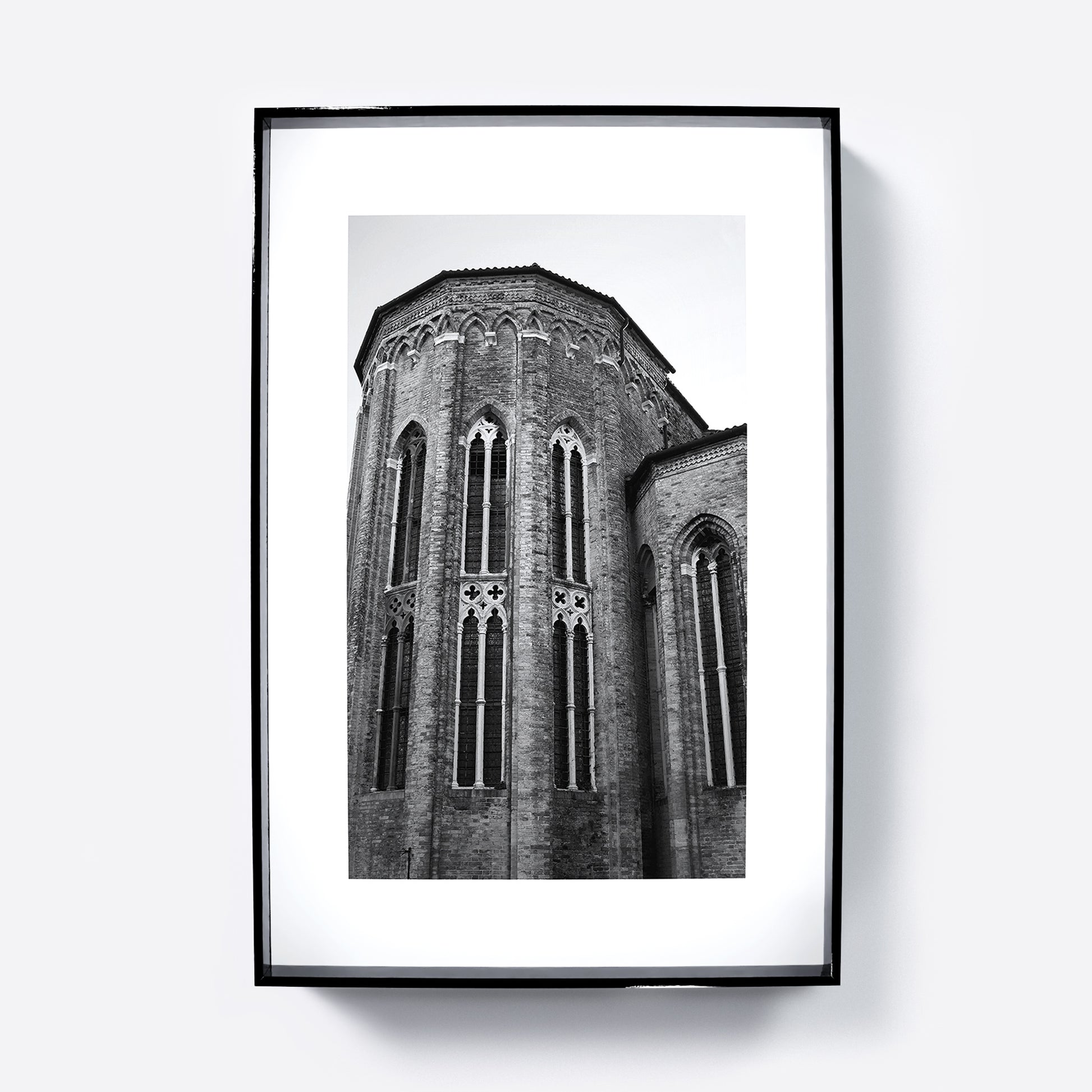 Gothic Venetian church, black and white artistic photography art print.