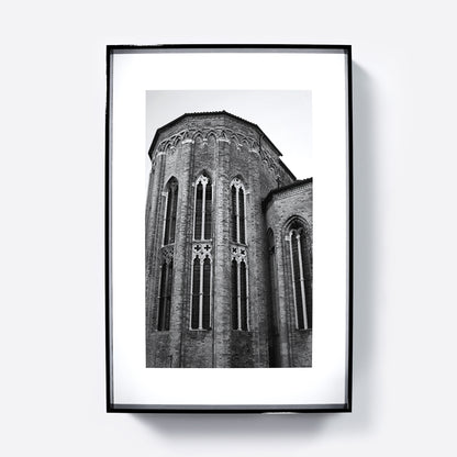 Gothic Venetian church, black and white artistic photography art print.