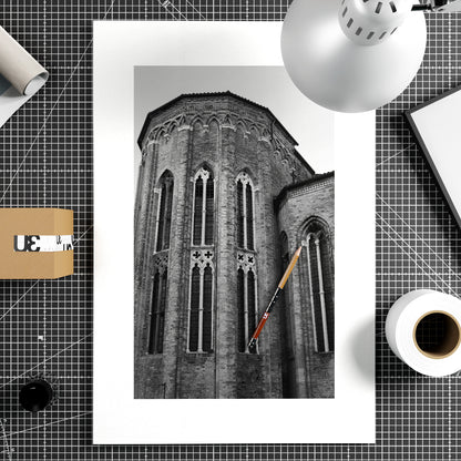 Gothic Venetian church, black and white artistic photography art print on paper.