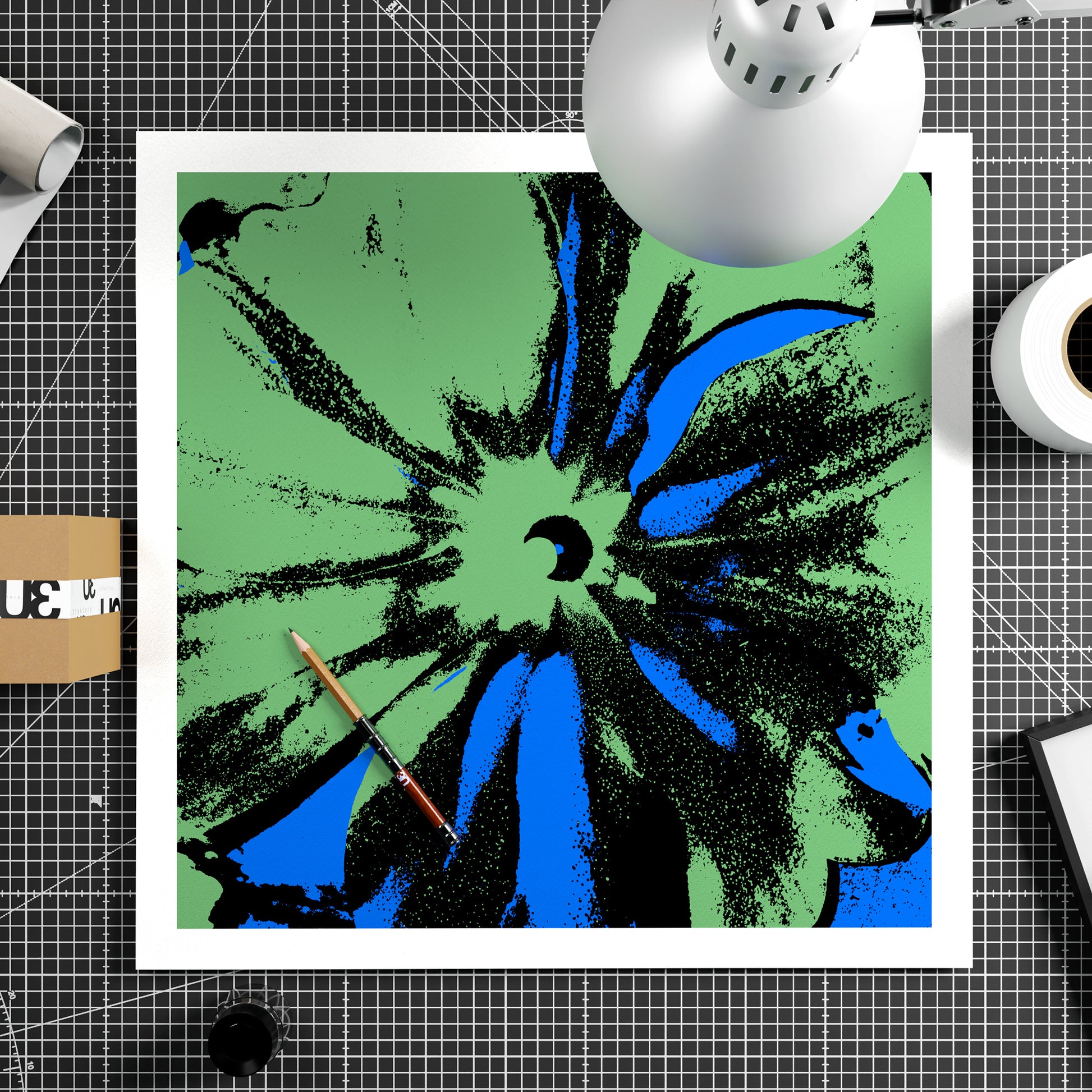 Blue and green flower pop art art print on paper.
