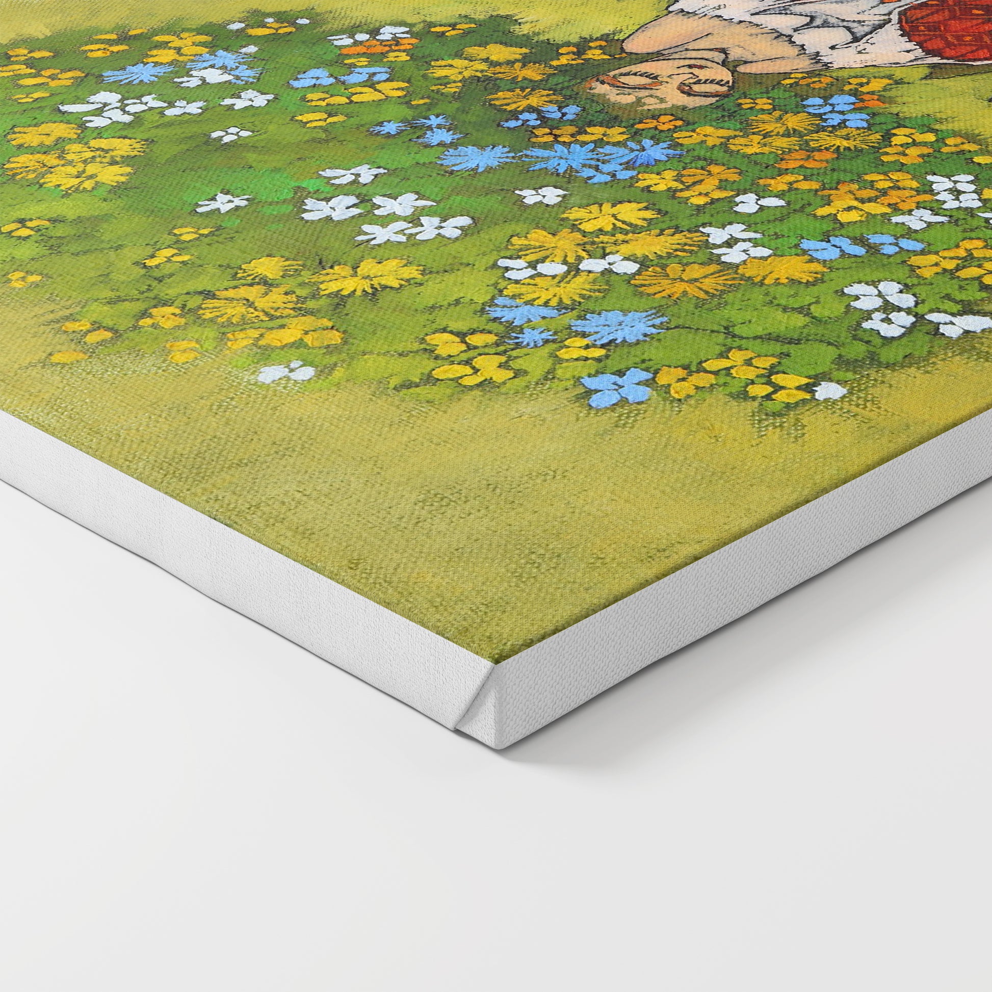 Close-up of a colorful floral artwork on canvas.