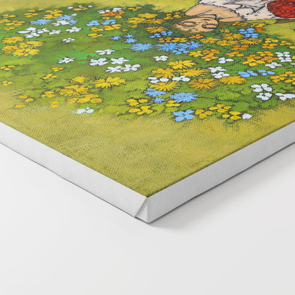 Close-up of a colorful floral artwork on canvas.