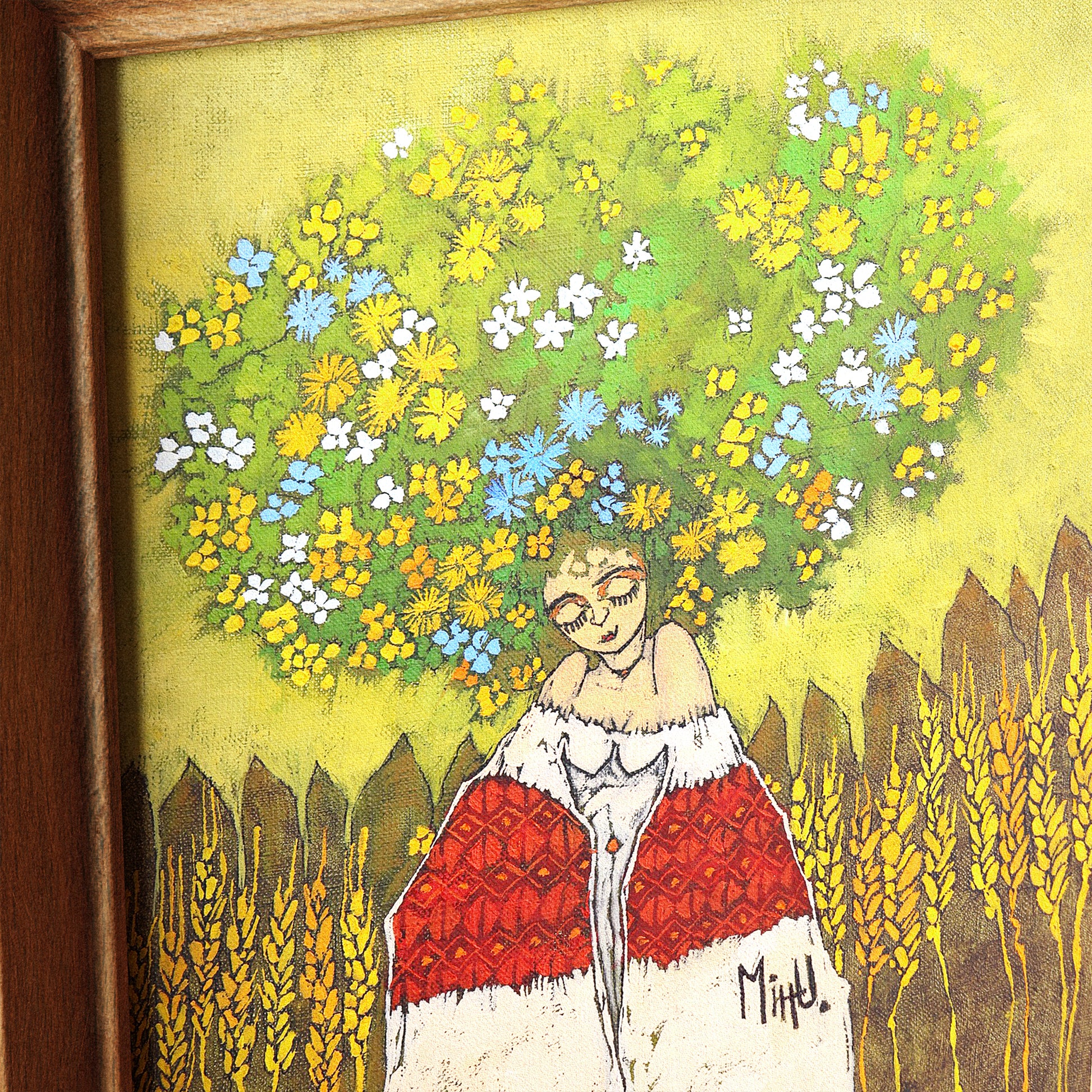 Artwork with a girl with a floral headpiece, signed 'MihU'.