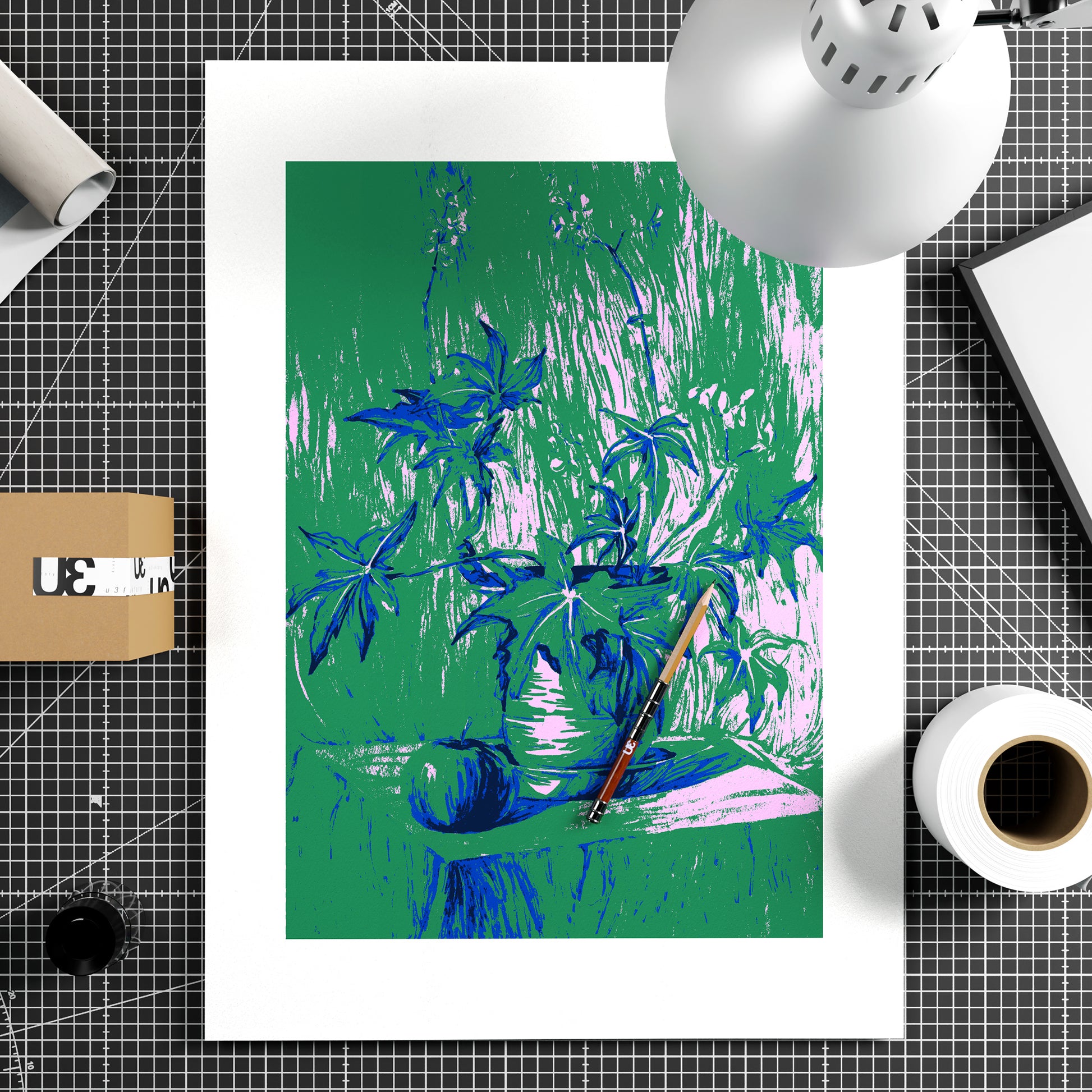 Still life with plant, green graphic art print on paper.