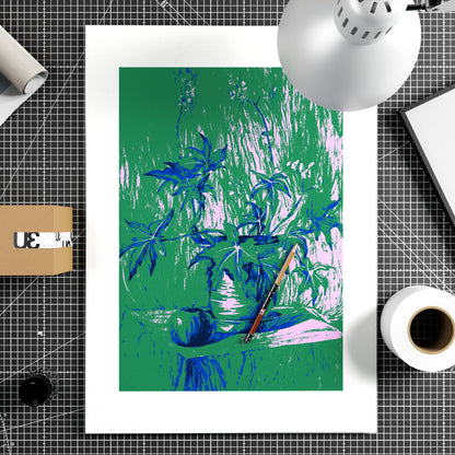 Still life with plant, green graphic art print on paper.