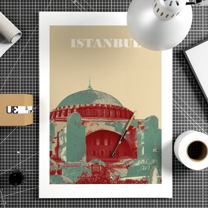 Travel poster Istanbul landmark art print on paper.