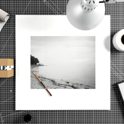 Lake Garda vintage, artistic, moody landscape photography, black and white art print on paper.