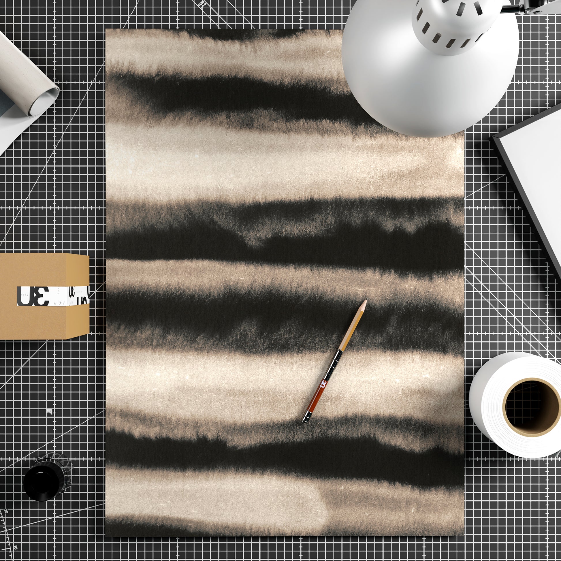 Monochrome watercolor abstract lines art print on paper.