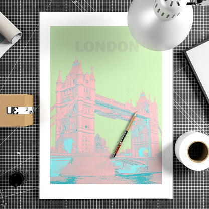 Travel poster London landmark red and green art print on paper.