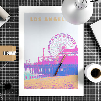 Travel poster Los Angeles landmark colorful art print on paper.