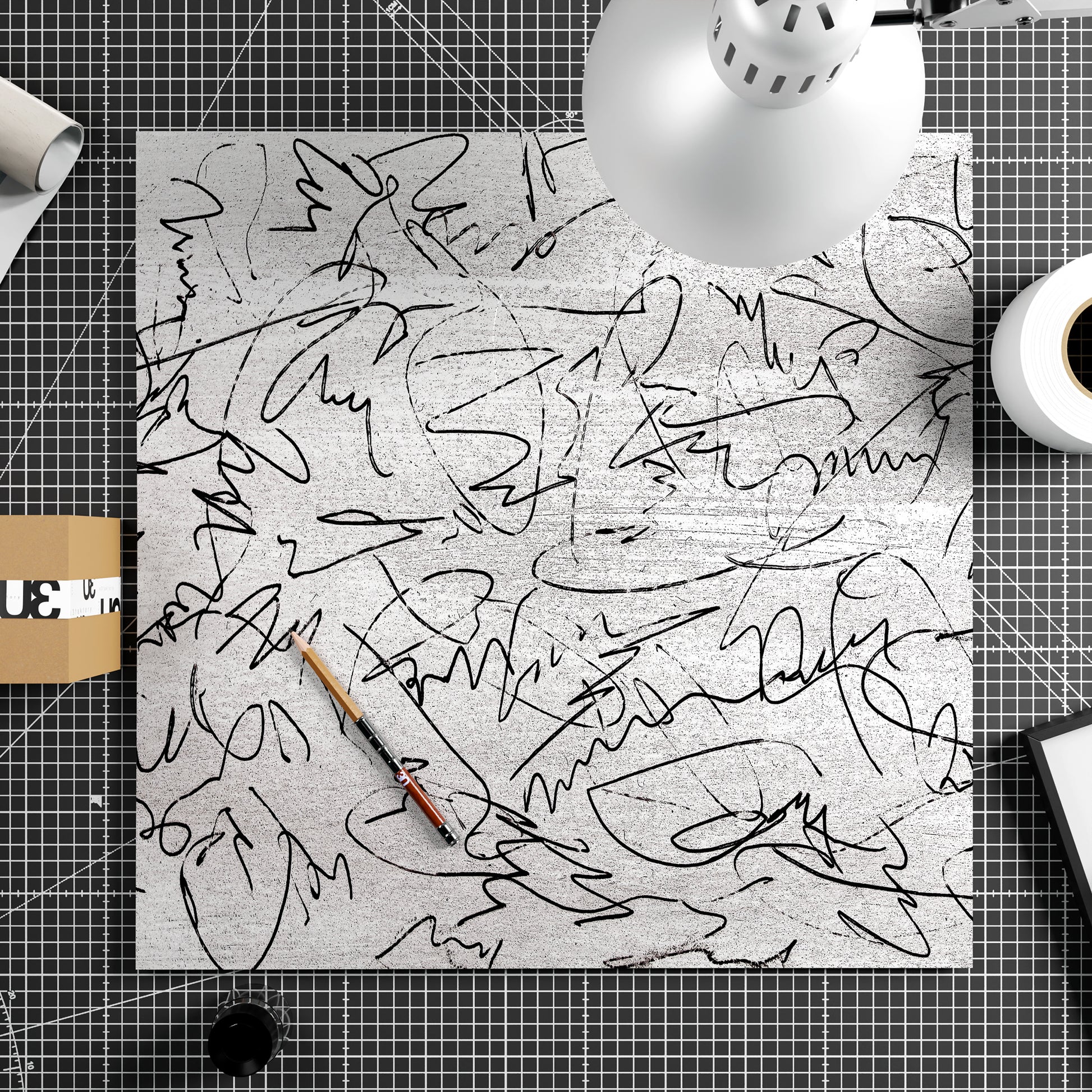 Black and white, abstract lines, contemporary art print on paper.