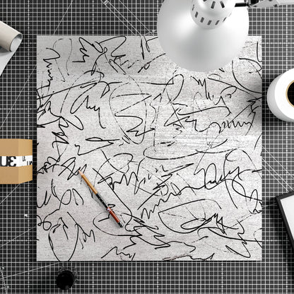 Black and white, abstract lines, contemporary art print on paper.