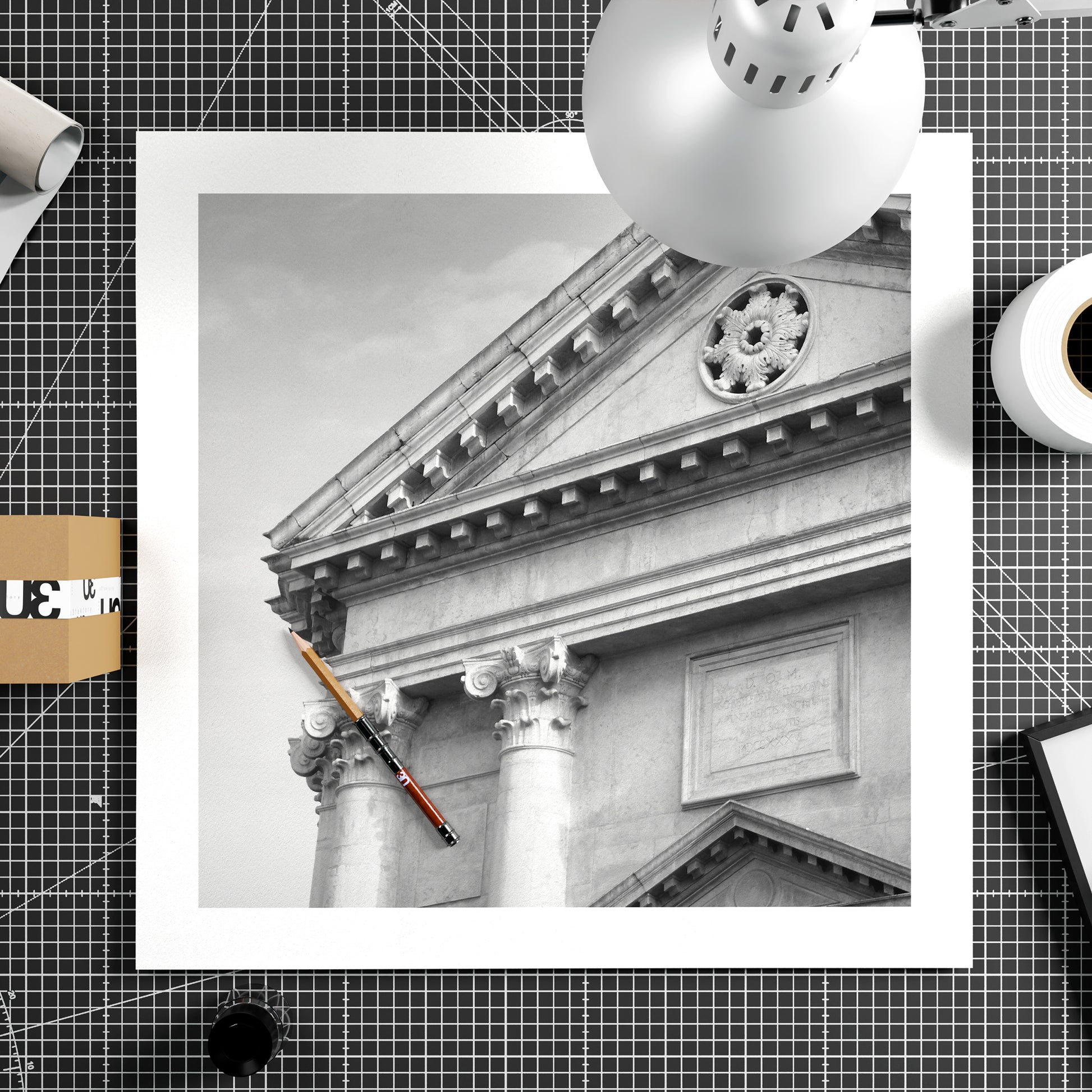 Monumental, classic architectural corner of Venice, black and white photography art print on paper.