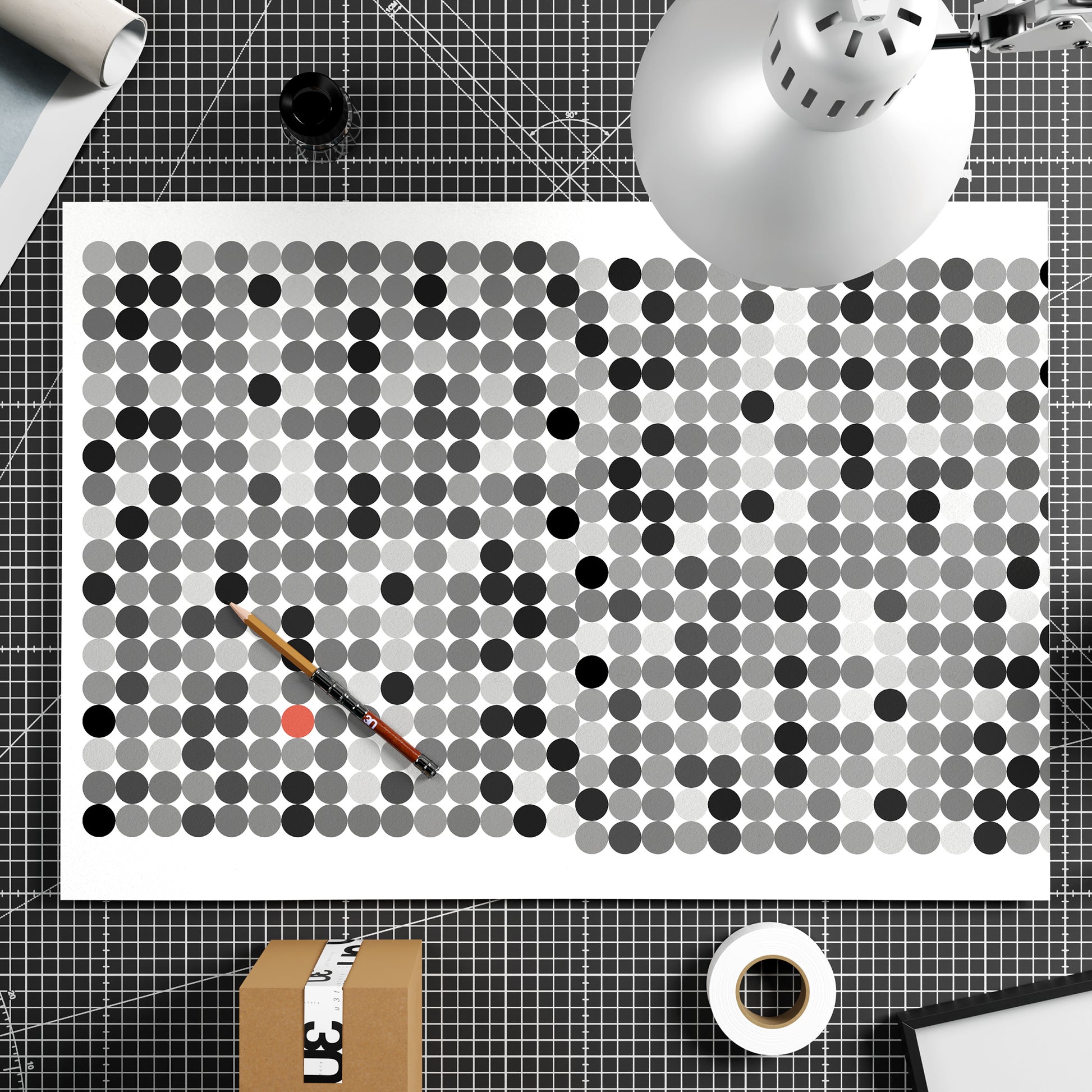 Black and grey dots on a white background, contemporary graphic art print on paper.