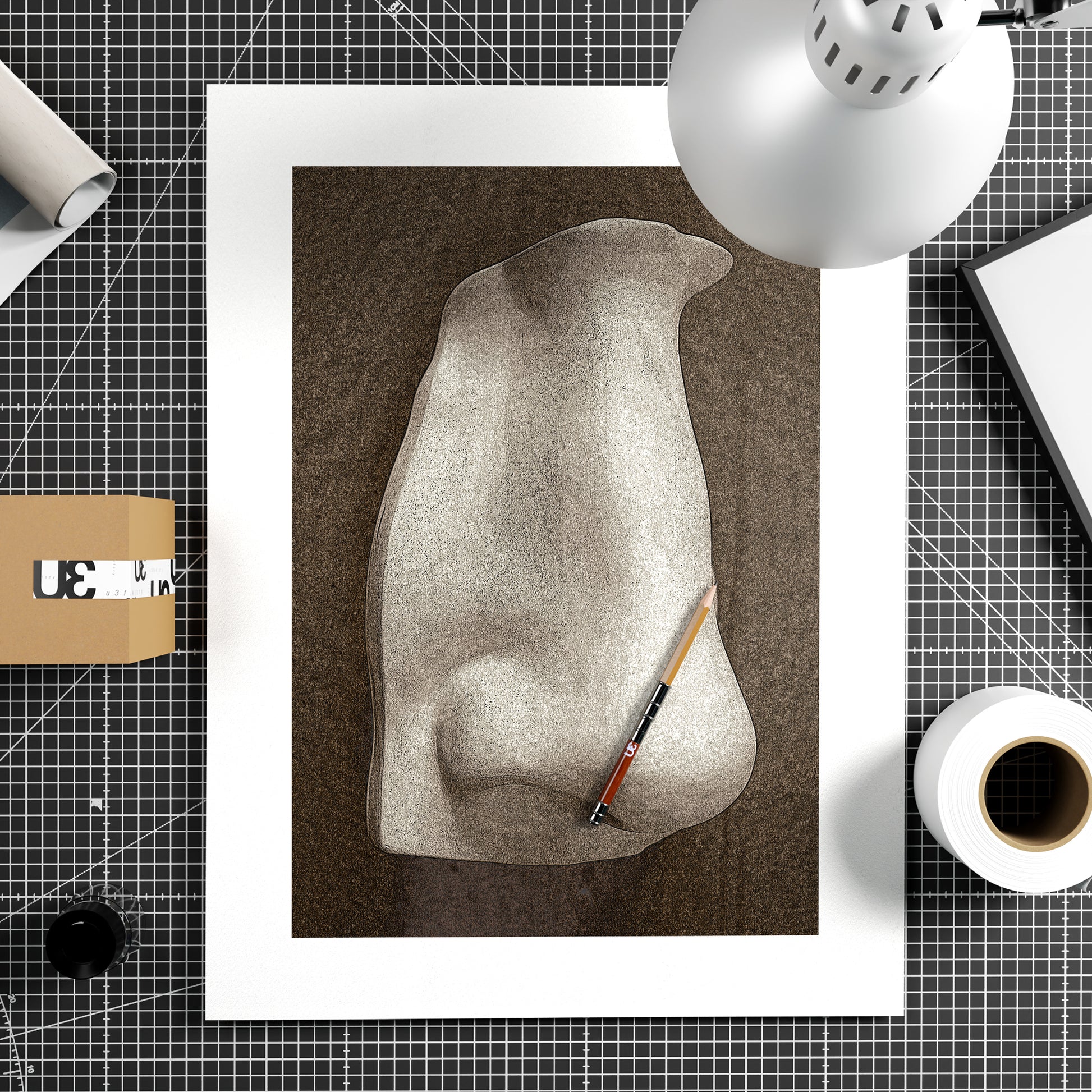 David's nose on a dark background, anatomy art print on paper.