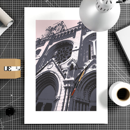 Cathedral facade pop art art print on paper.