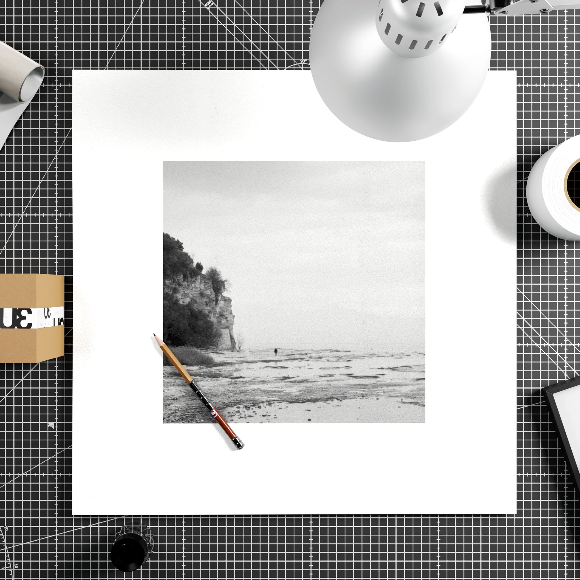 Vintage black and white landscape photography art print on paper.