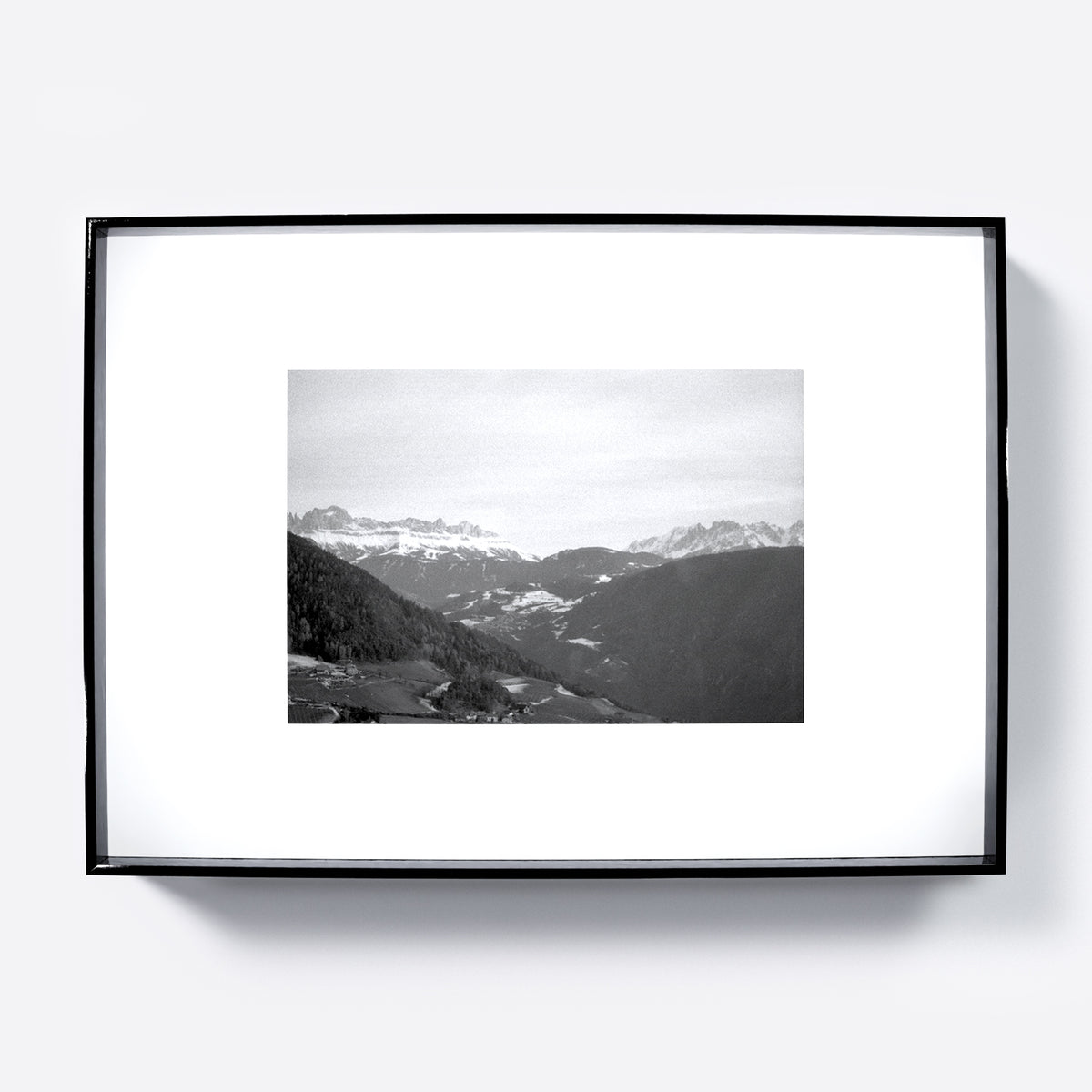 Mountain landscape black and white vintage photography art print.
