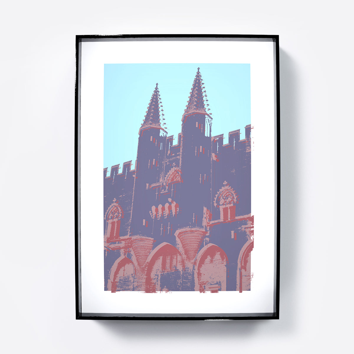 Medieval landmark with cold color palette, pop art art print.