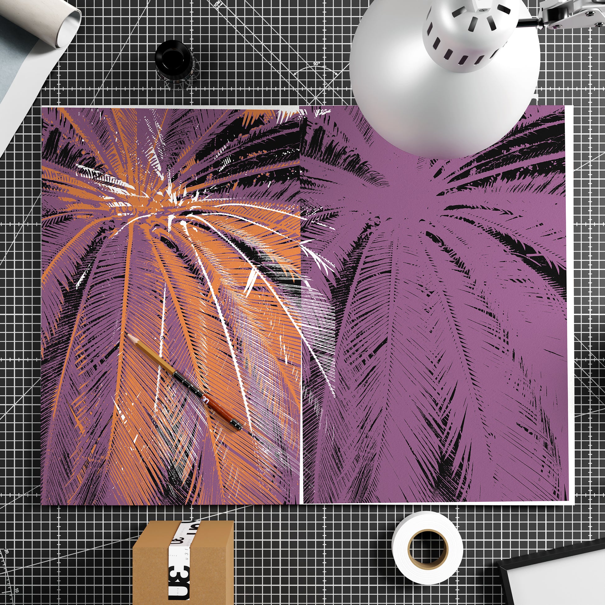 Abstract design of palm leaves in purple and orange on a light gray background
