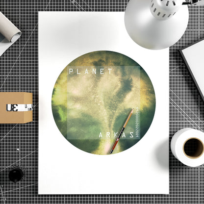 Green planet minimalist watercolor graphic art print on paper.